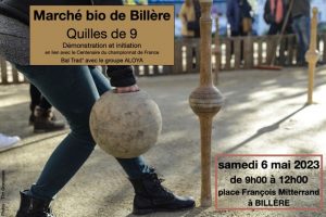 Affiche représentant des joueurs de quilles de 9, pour annoncer une démonstration et une initiation samedi 6 mai, de 9h à midi, place François Mitterrand à Billère.