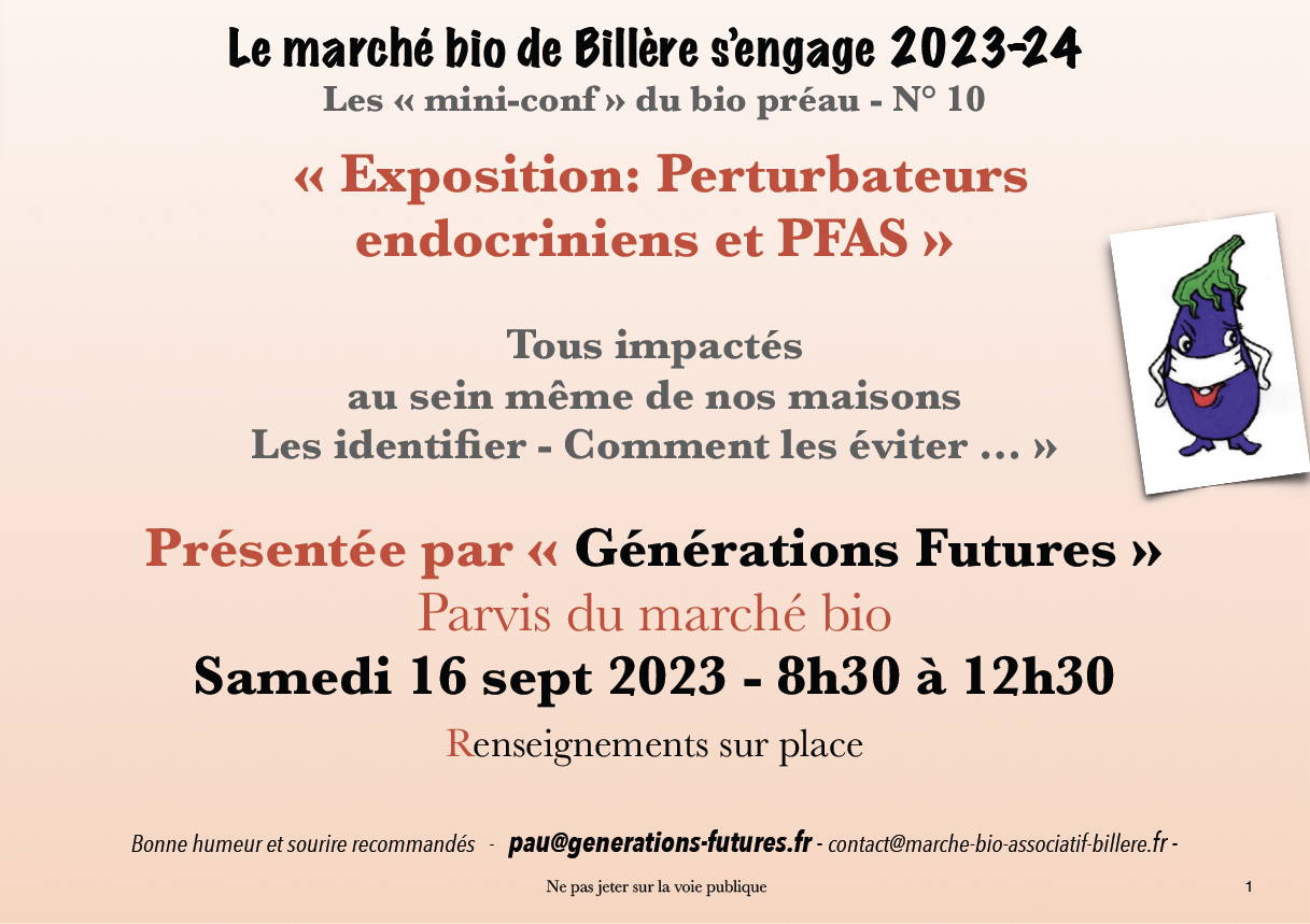 Affiche sur l'exposition du 16 septembre sur les perturbateurs endocriniens et PFAS par l'association Générations Futures